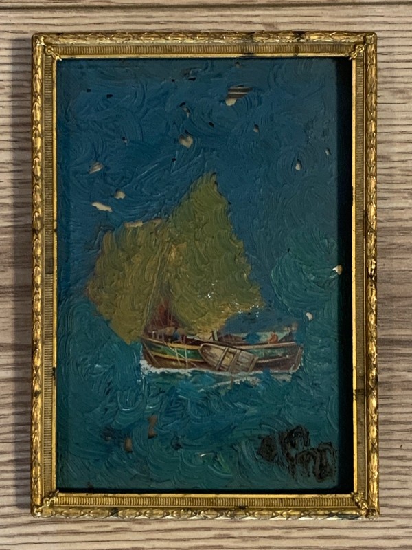 Antique 1920 EM Sailboat Maritime Folk Art Oil Painting on Glass Panel