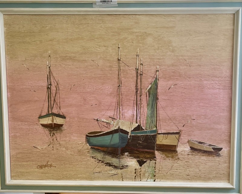 BOATS AT SUNSET LARGE ORIGINAL PAITING BY JULIO CARBALLOSA MASTER CUBAN PAINTER