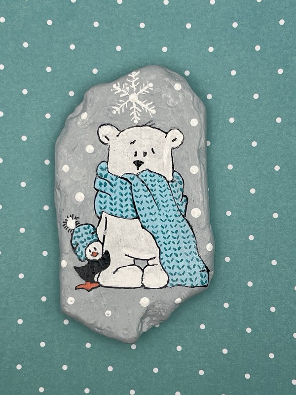 Winter Polar Bear with Cozy Scarf and Penguin, Winter Snow Scene painted rock