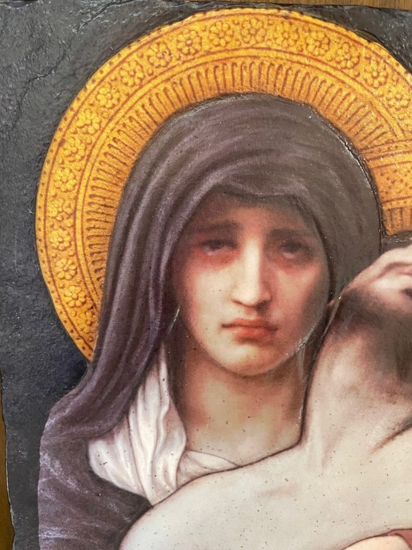 Unique Religious Artwork with Censored Faces on Slate Tile gallery