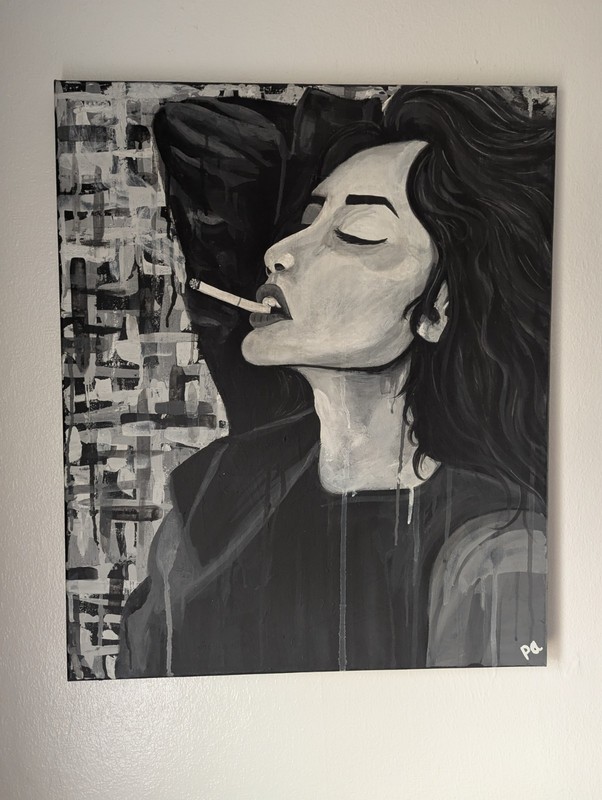 Original Acrylic Painting 24×18 Signed Surreal Portrait Of Women Smoking, Signed