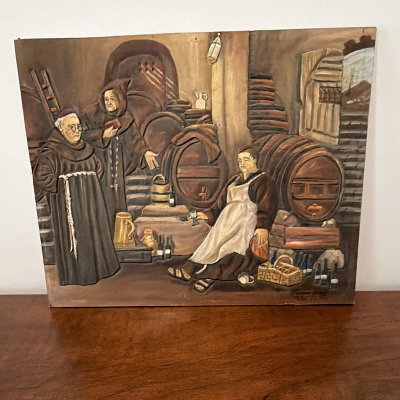 Folk Art Tavern Cellar Scene Painting People Figures Barrels Unframed