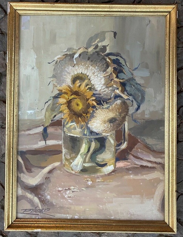 STILL LIFE WITH SUNFLOWER IN WATER GLASS PAINTING SIGNED FRAMED CIRCA 1930