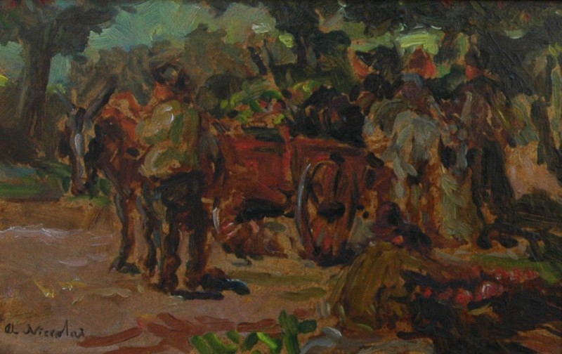 Oil on Masonite Small Work European Farming Harvest Scene – Illegibly Signed