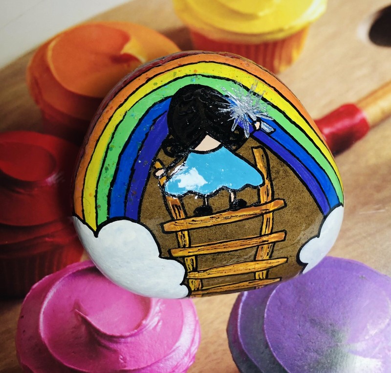 Hand Painted Rock With Acrylic Paint/ Seal With Art Resin/ Rainbow and Clouds