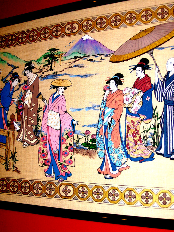 GORGEOUS ORIGINAL Geisha Asian High Society Ladies Mountain Garden Paint Linen