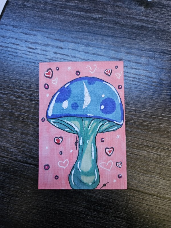 ACEO Original Signed Mini Canvas Painting Mushy Mushroom Hearts Unframed