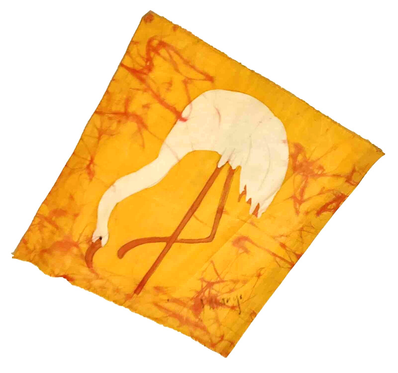 Rare J. Mango Signed Painted White Flamingo Tapestry Retro Yellow Abstract Art gallery