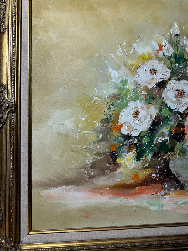 Huge Mary J Thompson "Still Life With Flowers Scene" Oil Painting -Signed/Framed gallery