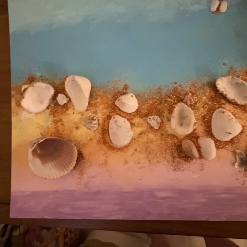 Mixed Media Beach and Seashells Painting on Canvas with Shells and Acrylic