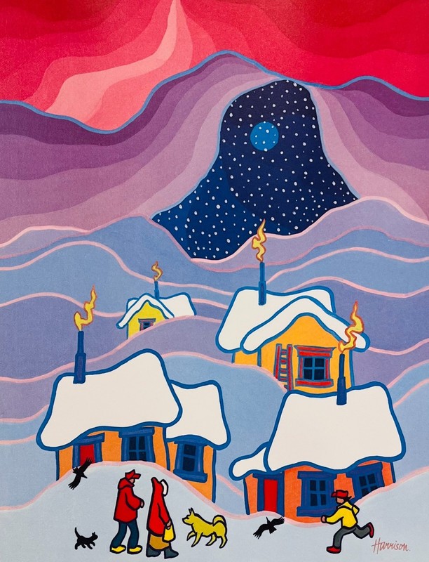 Ted Harrison, Canadian, «Alaska Snowfall» 12 x 9 signed in pencil