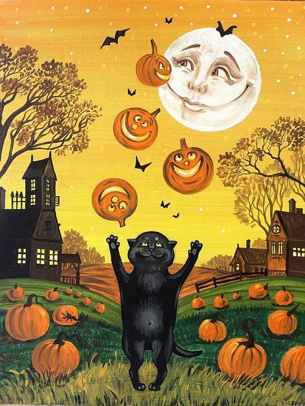 5×7 print OF PAINTING HALLOWEEN RYTA Folk Art Black Cat Pumpkin Farm House 🎃