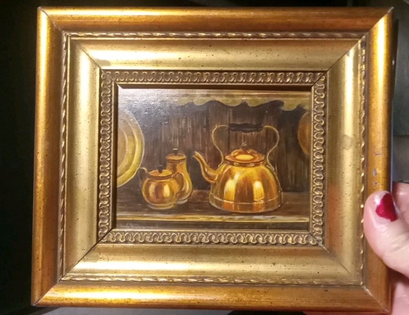 Vintage Mini Mid Century Framed Copper Pot Painting On Wood