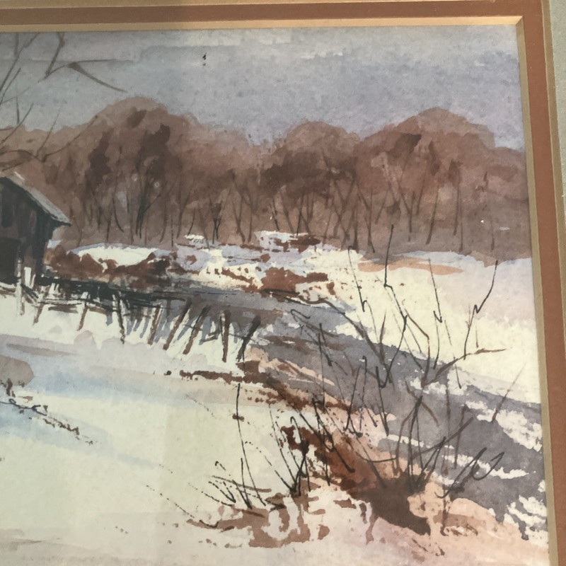 Original Framed Winter Landscape Watercolor Barn 5 X 7 Signed Judy Magensen 1983 gallery