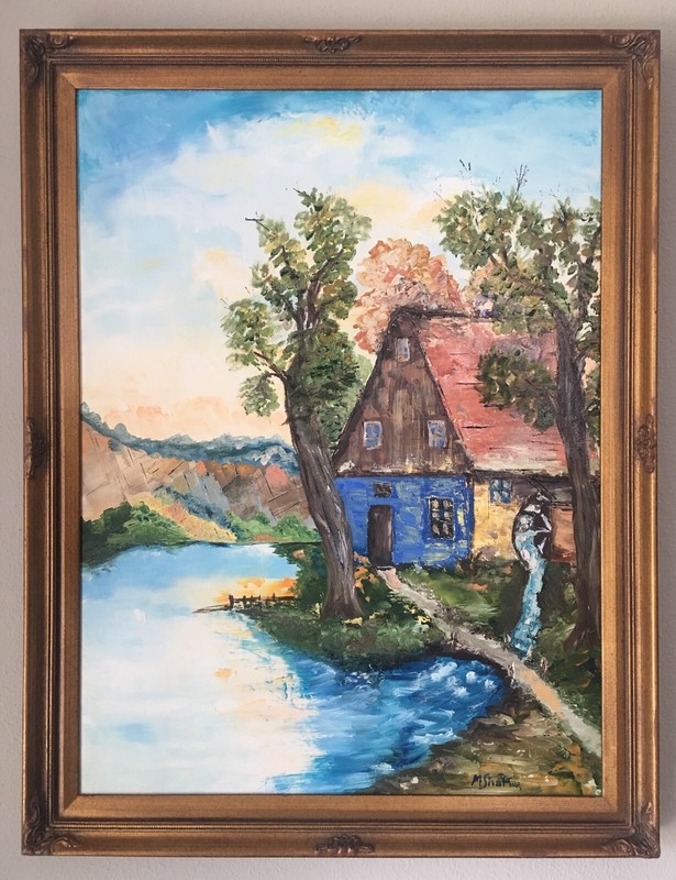 Original Painting By Martin Shaffer Signed M. Shaffer,House On Lake In Mountains