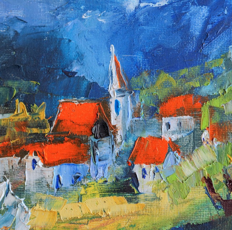 Swiss Alpine Village Oil Painting 8x12" Switzerland Red Roofs Original Handmade gallery