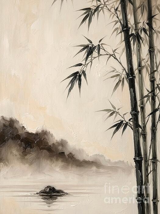 new handmade Painting on 16″*20″ canvas BAMBOO BESIDE LAKE VIEW by Wendy