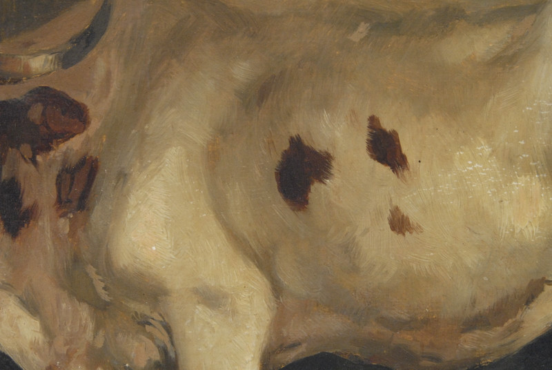 ANTIQUE 19th-CENTURY ARTIST SIGNED ILLEGIBLY LONGHORN COW OIL PAINTING ON BOARD gallery