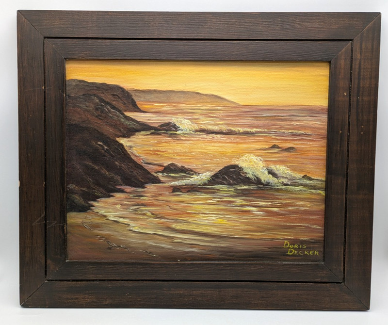 Vintage Seascape Painting Coastal Sunset Rocky Cliffs Framed Signed Original gallery