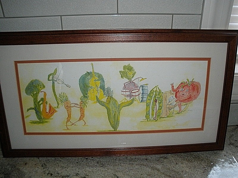 Pencil Painted Musical Vegetables Band Picture Framed 11″ x 21″ Signed May (GS5)