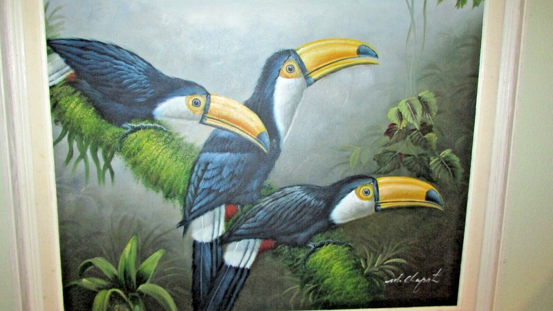 Mid 20th Century Oil Painting Macaws by Mariel Chapot, Framed Hollywood Regency gallery