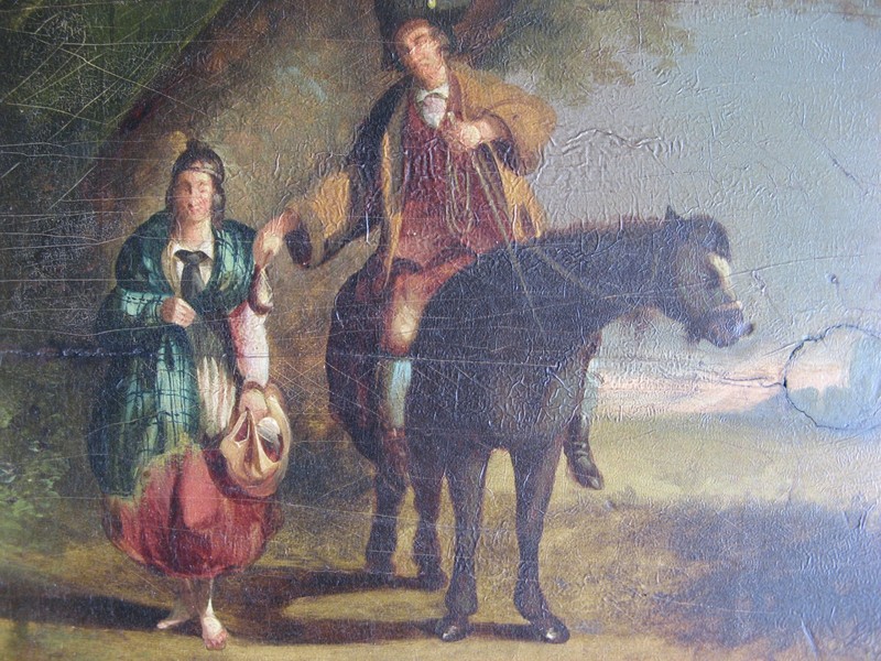 c1700s WINKING PEASANT GIRL & HORSEMAN Risque Oil Painting on Wood Panel ENGLISH gallery