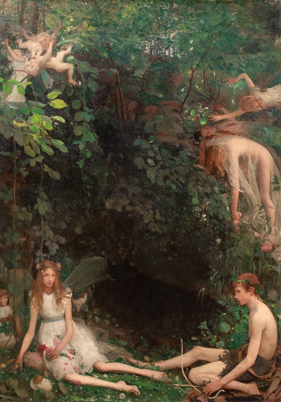 Large 19th Century Pre-Raphaelite "The Cave" Fairies by MARK LANCELOT SYMONS gallery
