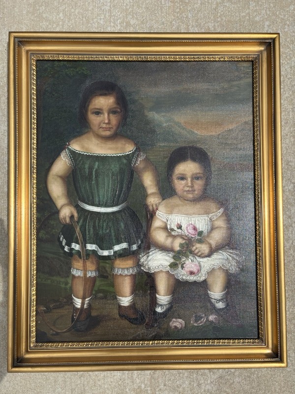 1850s Antique Folk Art 19th C Portrait Painting of Two Sisters Children American