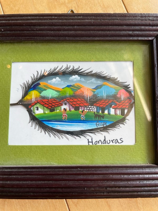 Hand Painted On A Feather Honduras Village Signed Wall Art By Felipe 5”x4”OOAK.