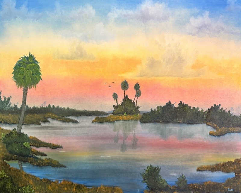 Original oil painting on canvas – 48″W x 60″H «Sunset Over Florida Marsh»
