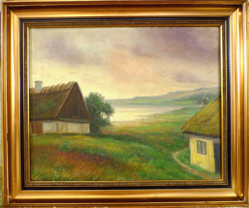 LARS H.C. KLIIM! LANDSCAPE WITH HOUSES AT SUNSET.