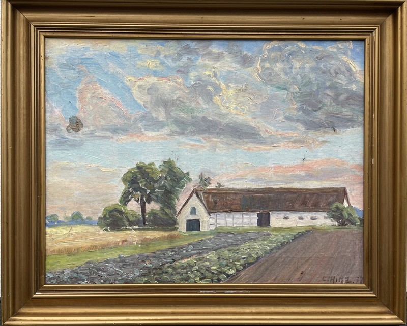 Impressionist Rural Farm Vegetable Garden Cornfield Cloudy Sky Oil Painting 1937