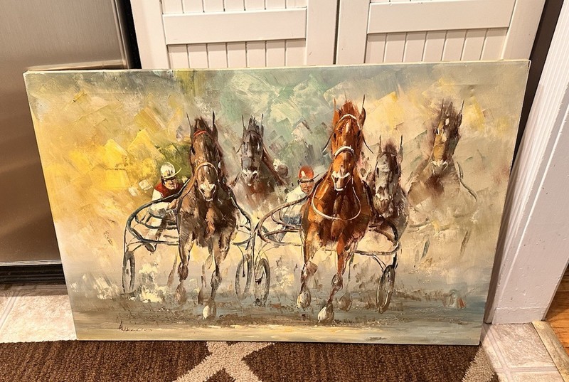 Anthony Vecchio Original Oil Painting Horse Racing Jockeys 24”x 36”Vecchio