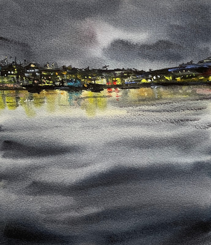 Original Watercolor Painting «Night city Sketch» Wall Decor Gift Ukraine Art