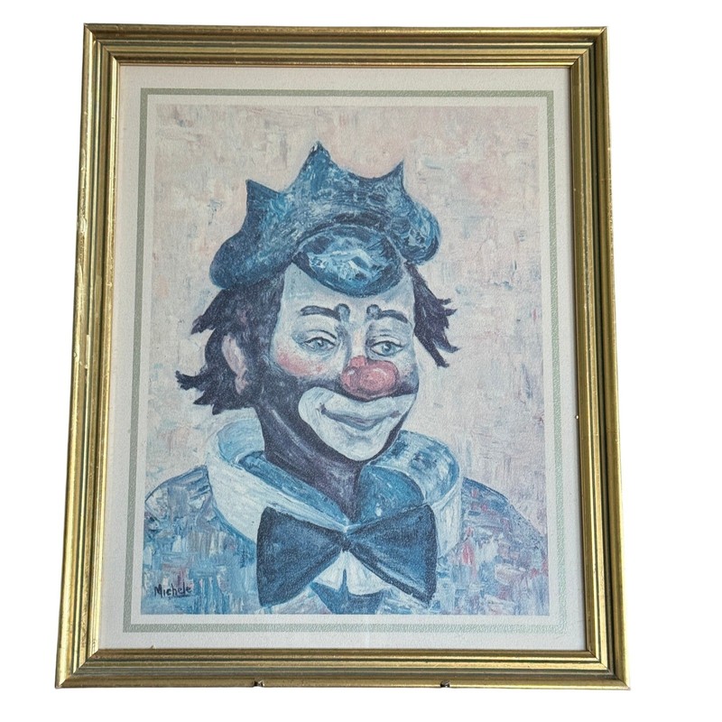 Vintage Michele Signed Clown Art Print Framed Blue White Circus Art