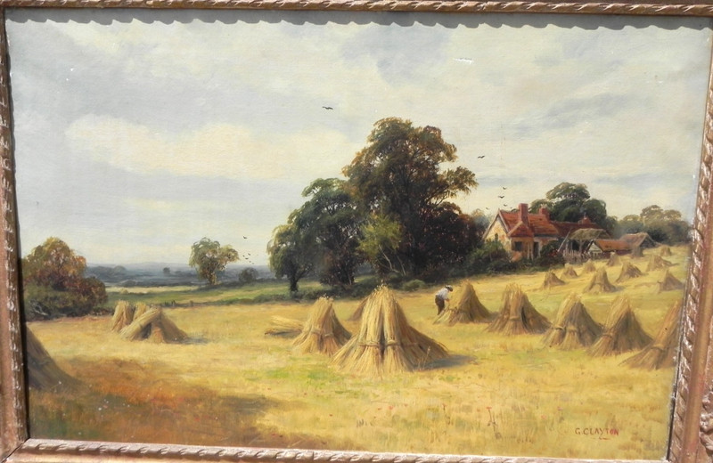English antique painting haystacks country landscape signed G Clayton UNFRAMED