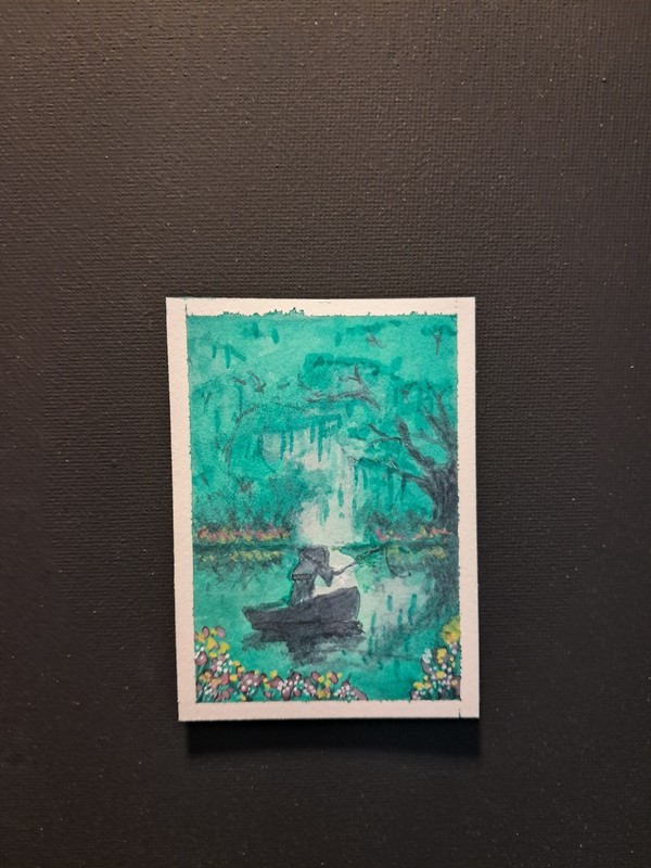 2.5 X 3.5 in original watercolor Fishing alone