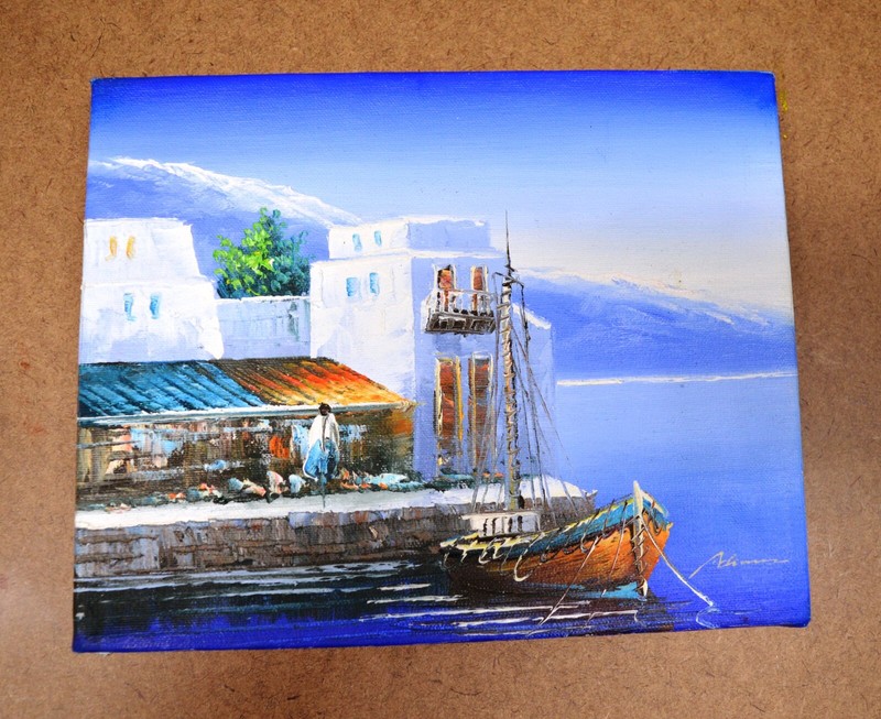 DOCK STORE SHIP VILLA OCEAN VIEW HAND PAINTED 10″ OIL PAINTING ART GIFT 336