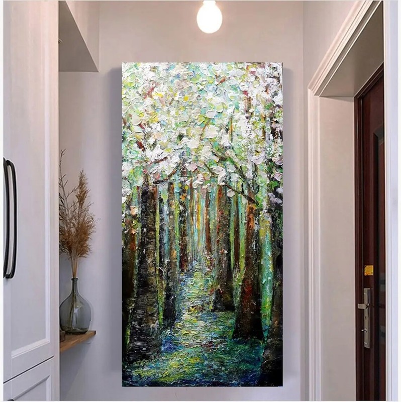 Hand Painted Oil Painting Vertical White Bloom Forest Trees Landscape Texture