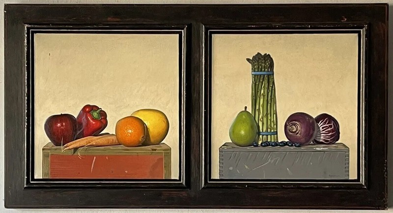 ROBERT C JACKSON VINTAGE MODERN SURREALIST STILL LIFE FOOD OIL PAINTING RARE