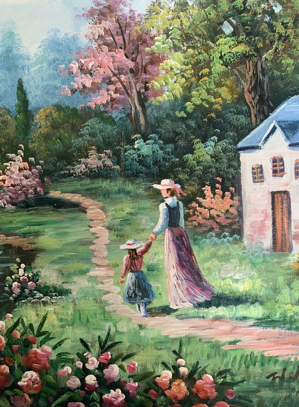 Original W. Hodges Oil Painting Colorful Flowers Country Home Water Bridge Trees gallery