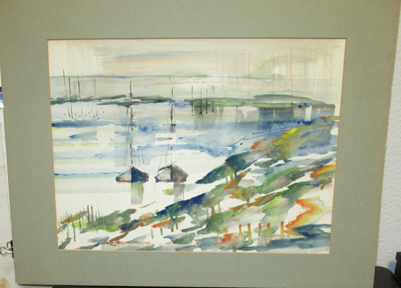 ALFRED BIRDSEY VINTAGE ORIGINAL WATERCOLOR BERMUDA SEASCAPE BOATS PAINTING 1960
