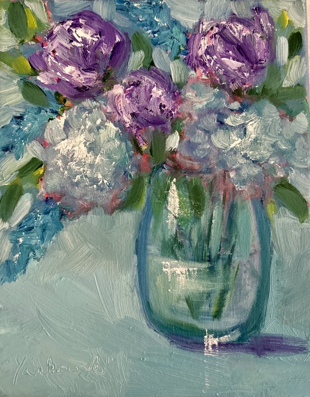 oil paintings original blue Rose Hydrangea Flowers Still Life Green Calm Vase gallery