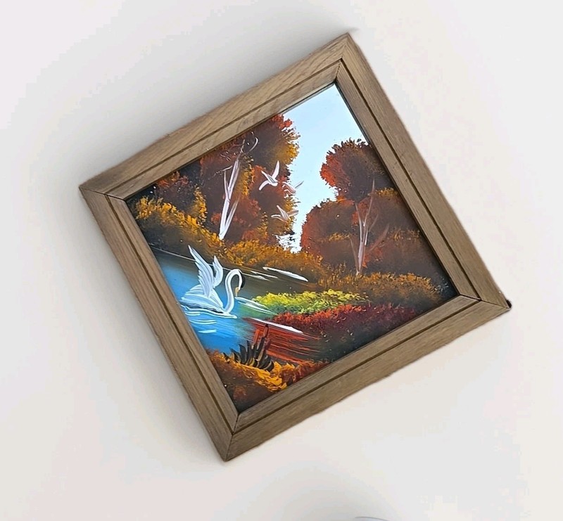 Tom Dunham Oil Painted Mirror Framed Winter Fall Scene Set Of 2 VTG gallery