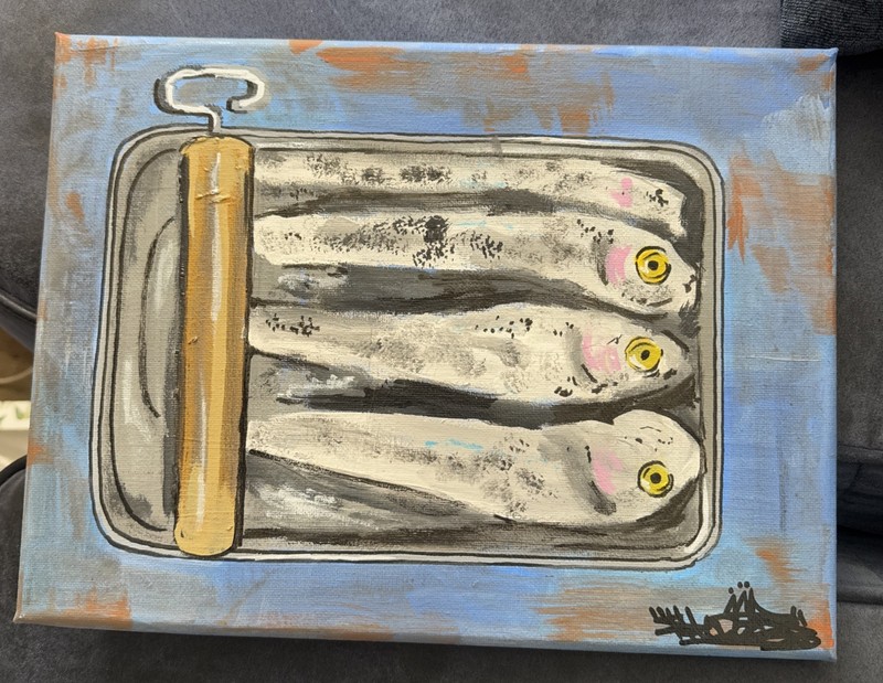 9 X 12 Acrylic Painted SHORTIEZ INK Sardines Deco Art Fish Can Fall Out Prep