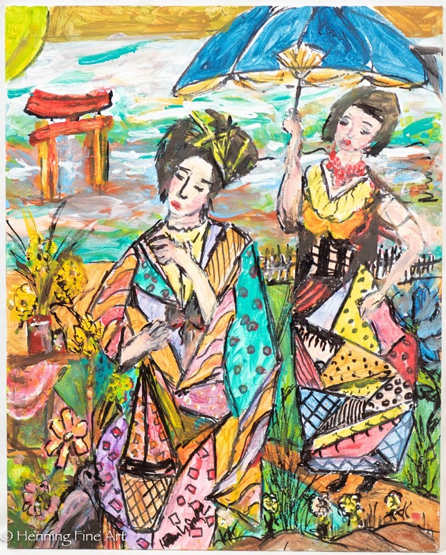 Beautifully Colorful Contemporary Oil Painting Two Japanese Women Landscape 1/2