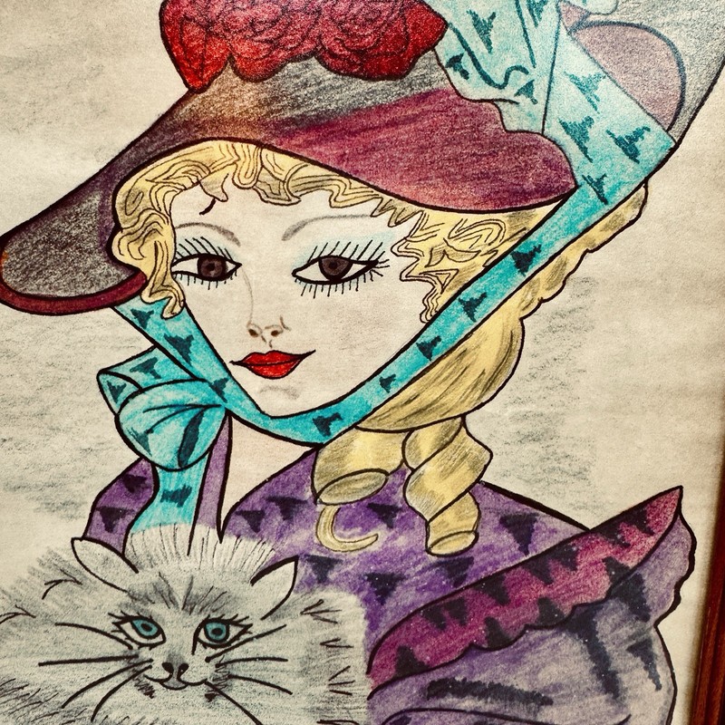 VTG Hand-Drawn Victorian Style Portrait Caricature Color Woman w/Cat Signed 1988 gallery