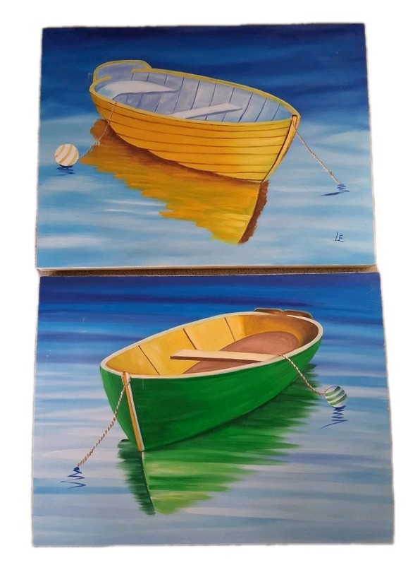 LE Illustrated Escapes Paintings «At Dock» Boat Scene Two Hand Paintings 2006