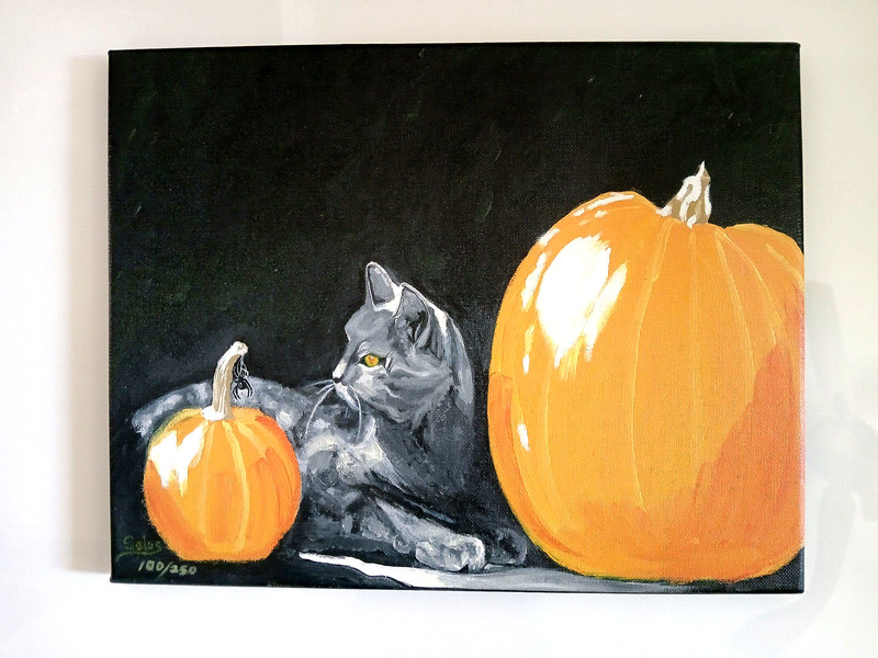 Cat Holloween Pampkin and Spider /14″ by 11″ Print on Canvas/By Solas /Holloween