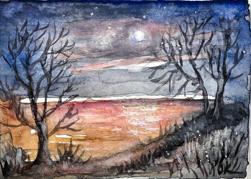 ACEO Original Sunset on the river with a cat and reeds Watercolor 3.5" x 2.5" gallery